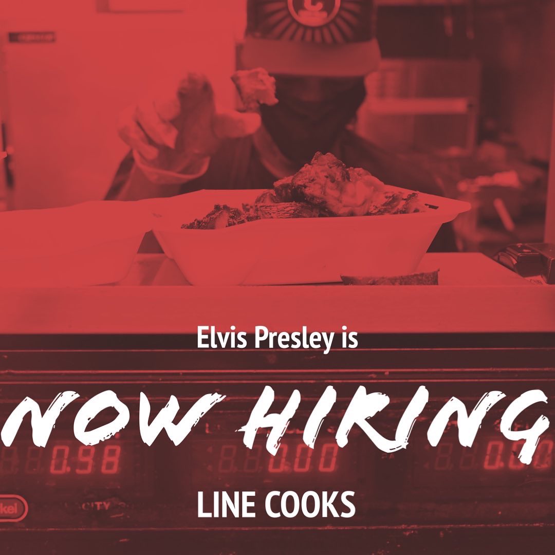 🚨WE ARE HIRING🚨
Elvis Presley: To apply for a line cook position at this location contact Brian at 901-301-9830. 

Hickory Hill: To apply for a cashier, line cook, or bartender position at this location contact Lashun at 901-281-0392.