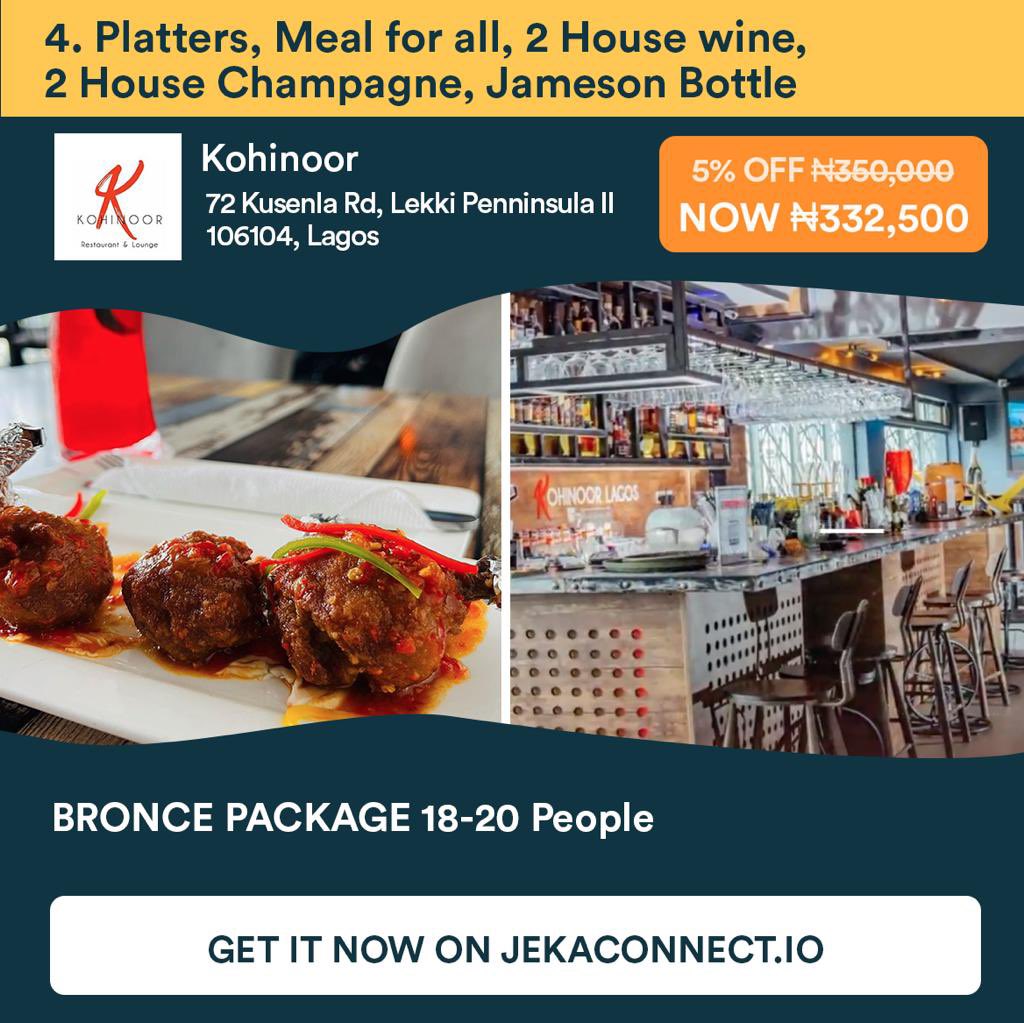 JekaConnect's tweet image. Eat to your heart’s delight!🤩
Enjoy this deal from @KohinoorLagos and get 5% off on your package. 
Visit jekaconnect.io to get started.