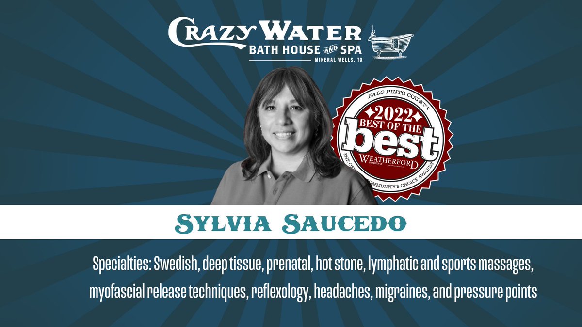 Congratulations to our BEST OF THE BEST massage therapist, Sylvia Saucedo!  Sylvia has been helping people in need of relief and relaxation for 24 years. To schedule an appointment with Sylvia call 940-325-8870 or visit our website and fill out the online form.