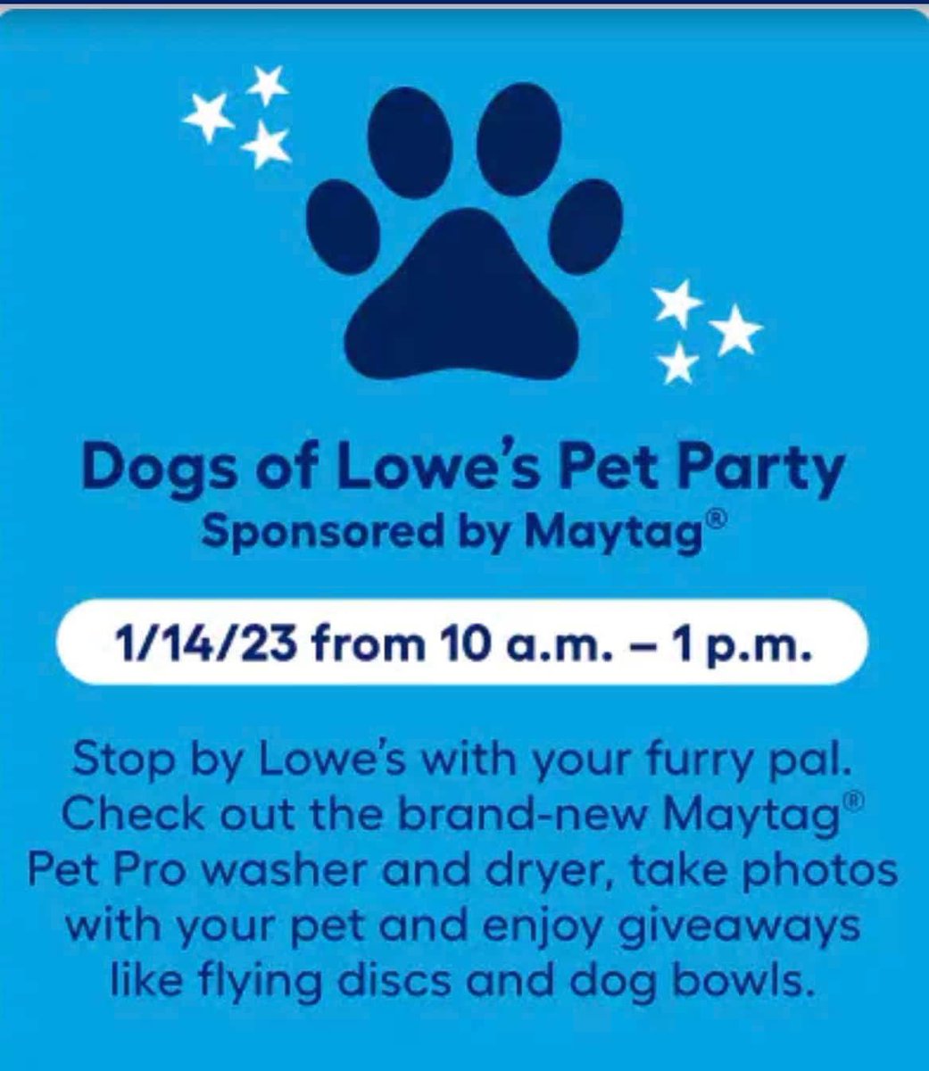 Lowes_D1294's tweet photo. Come to any @Lowes on 1/14/23 for #DogsOfLowes Pet Party! https://t.co/njlCt6d3LX