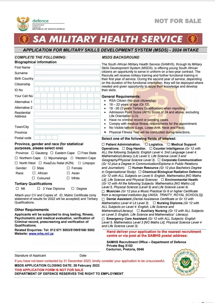 📌South African Navy
📌South African Air Force
📌South African Military Health Service

Closing Date 28 February 2023 

Hand deliver your application to the nearest recruitment centre or via post at SA Navy Recruitment Postal Address: