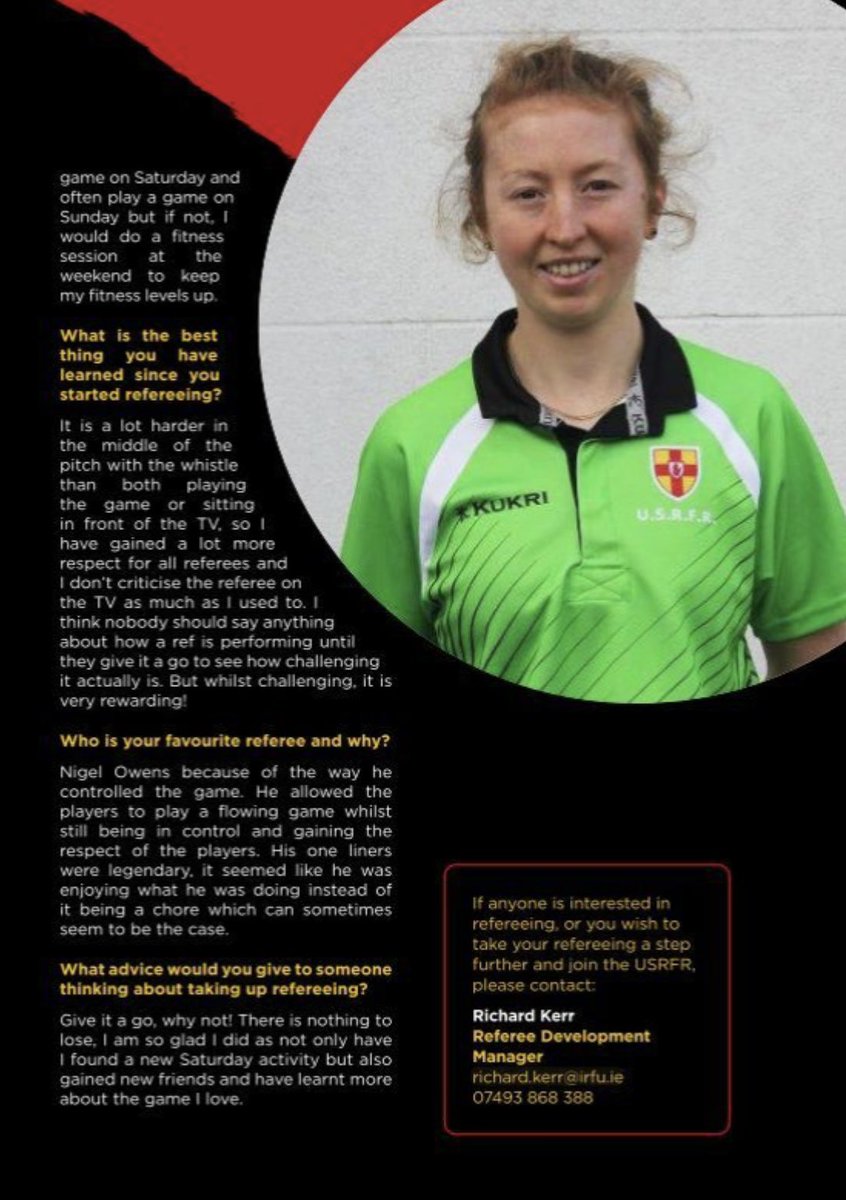 Big shout out to one of USRFR’s newest recruits Caitlin Fisher featuring in this weekend’s programme for the @UlsterRugby Interprovincial game with Connacht. Nice to have another medic in the Society too! @UlsterBranch @JoyNevilleRef @IrishRugby @kerrzo75 @evski8 @eliza_downey