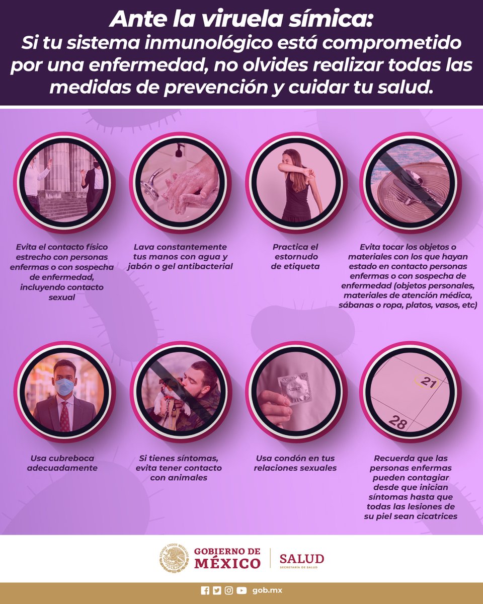 SaludDGPSP's tweet photo. La #ViruelaSímica representa un riesgo para  las personas que padecen:
📌 #VIH
📌#Cáncer
📌Enfermedades que bajan el sistema inmunitario
📌 O que han recibido un trasplante
Evita contagios. Más información aquí: https://t.co/5DaE57HgyP 
#ViruelaDelMono
#Monkeypox #HazComunidad https://t.co/lrCEzFXjAz