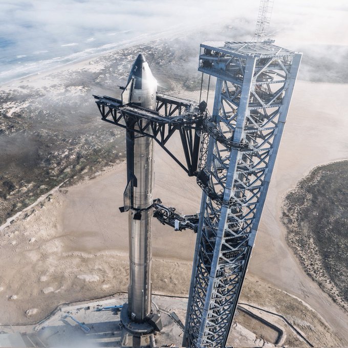 SpaceX Starship 24 stacked on Super Heavy Booster 7 at Starbase in Texas. 

Standing 120 m tall &amp; with more than twice the thrust of Saturn V, it is designed to be the tallest and most powerful launch vehicle ever built, and the first capable of total reusability

Source: SpaceX