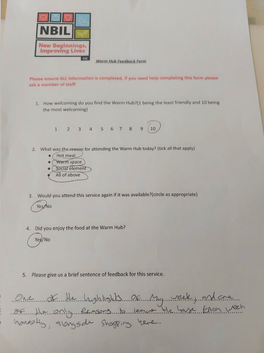 We have been doing feedback forms at the warmth hub today. This had me chocked up 😭 when your running round so busy you don't have time to digest what the services you provide mean to people sometimes  🥰💕