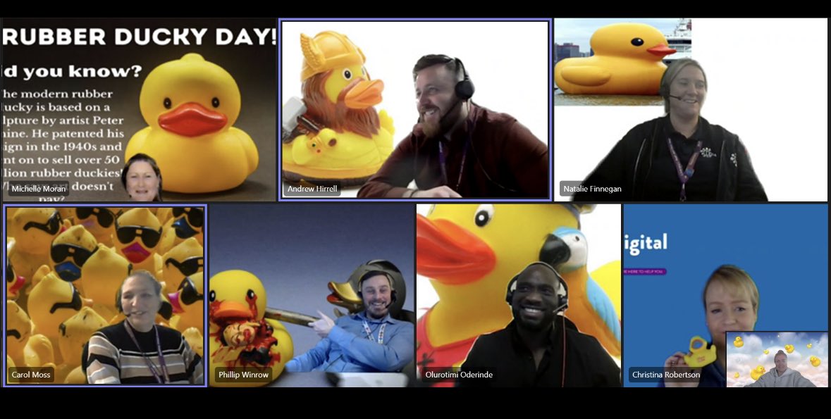AHirrell's tweet photo. Well…thank god it’s Friday! What an exhausting week 🤯! Plenty of positives though 🏆! Finished off with our weekly background Friday team catch up! This week featuring RUBBER DUCKS! Have a great weekend everyone! 🍻 #BackgroundFriday #DigitalHealthcare #iDigital https://t.co/m8NNlt6NSE