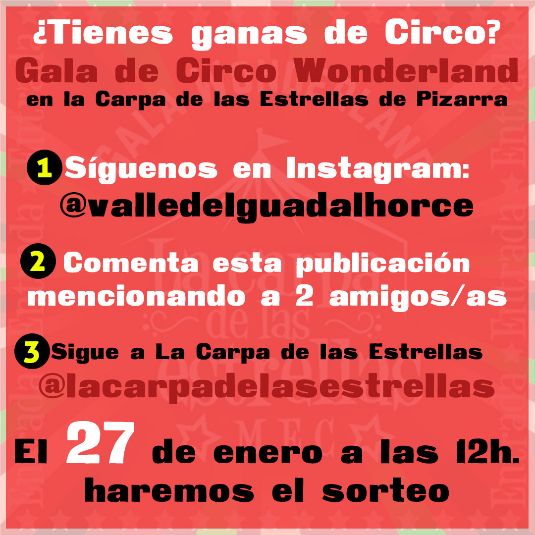🎁 ¡SORTEAMOS 2 ENTRADAS DE CIRCO!
🤹🏻‍♀️ Gala de Circo Wonderland
⏰ 28 de Enero - 19:30 h.

🚨 ¿Cómo conseguir 1 entrada GRATIS?
1️⃣ Síguenos: instagram.com/valledelguadal…
2️⃣ Comenta la publicación mencionando a 2 amigos/as: instagram.com/p/CnXUJ3mreVD/
3️⃣ Sigue a: instagram.com/lacarpadelases…