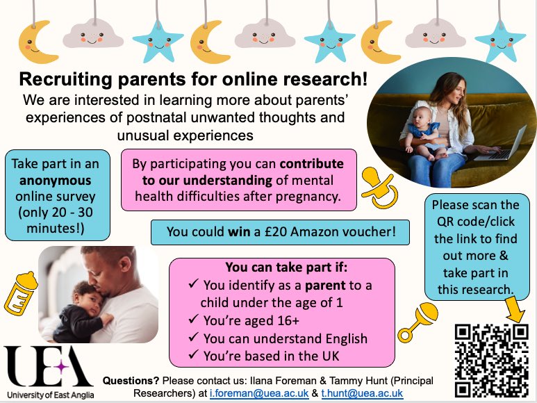 Are you a parent to a child under the age of 1? Would you like to complete an anonymous online survey about your experiences, to help develop our understanding of parents’ postnatal mental health?
 
To find out more &amp; take part click this link: uea.onlinesurveys.ac.uk/parenting-thou…

#dclin