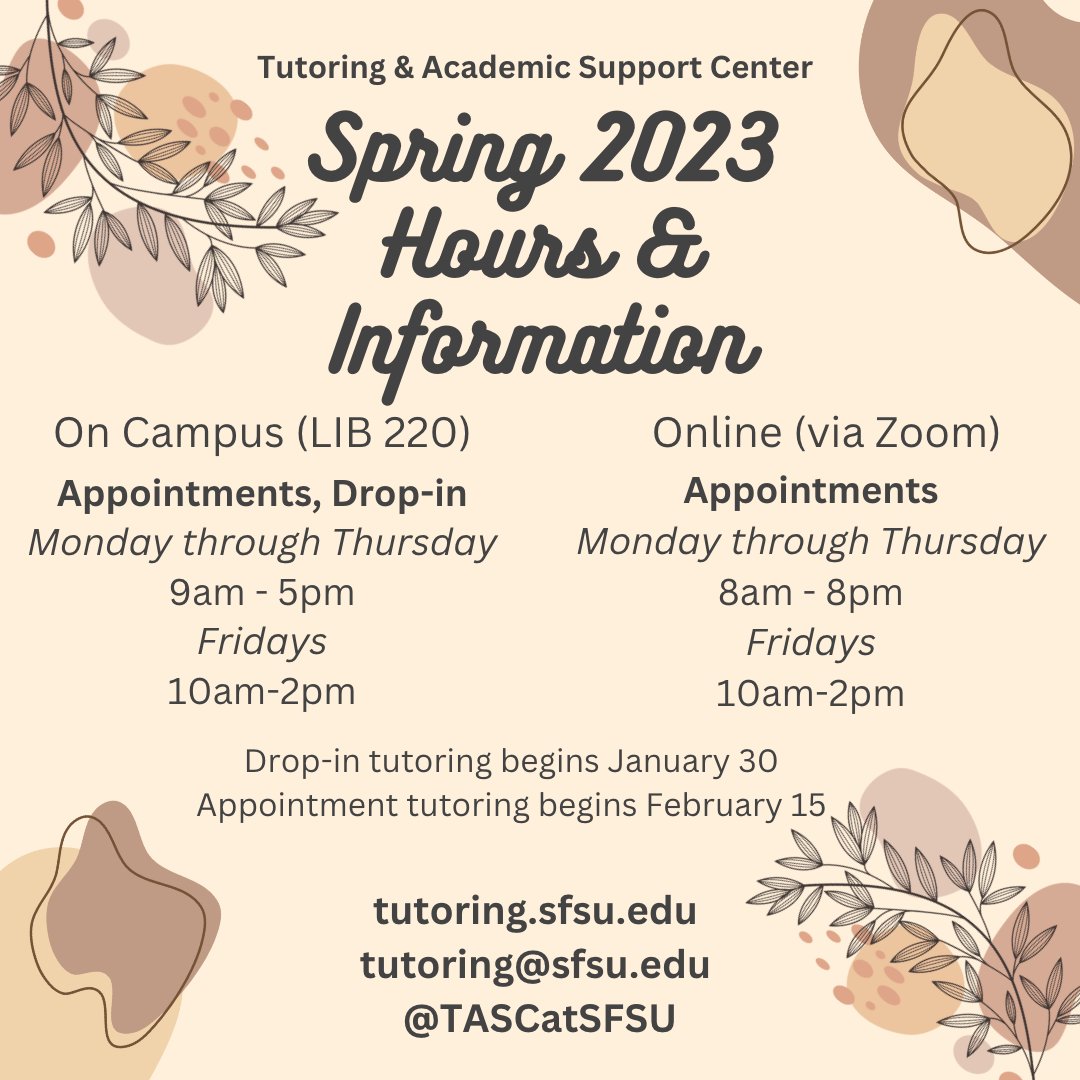 TASCatSFSU's tweet photo. We'll be open to support students during the spring semester beginning Jan 30. More info here https://t.co/j5qqv423m6 https://t.co/oEjFzOdz6S