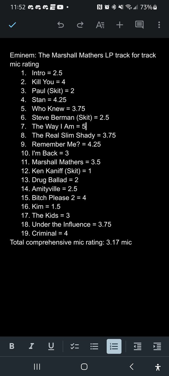 wydiggy's tweet photo. My rating for Eminem: The Marshall Mathers LP. This album has some really good songs and some really bad ones . That's pretty much Eminem's career, really. The production was good, not great. And how many times was he gonna kill Kim. Overall, the album is iight. #FiveMics https://t.co/CqiBXSWgdv