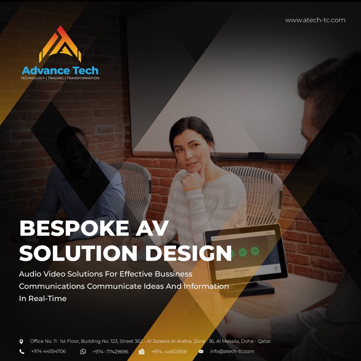 AtechQatar's tweet photo. Gain real-time collaboration where ever you are with Advance Tech's bespoke Audio Video Design solutions.

We design, build, support, manage and optimize #audiovideo solutions tailored to your workplace needs, business goals, and required outcomes.
#videoconferencing https://t.co/dxArqrAY0L