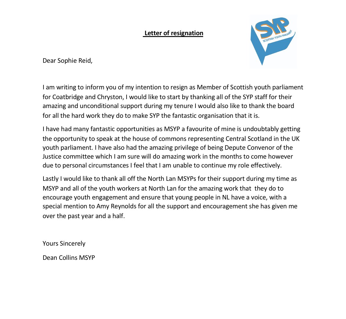 Unfortunately I have today handed in my resignation to the Scottish Youth parliament big thank you to <a href="/NLCYouthwork/">NLCYouthwork</a> and  <a href="/OfficialSYP/">Scottish Youth Parliament</a> staff for all there support