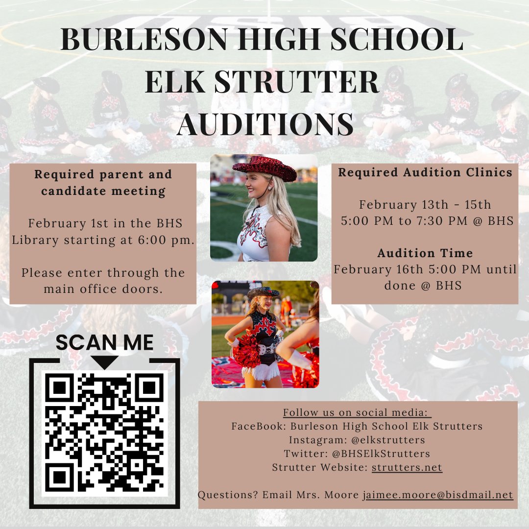 Please visit strutters.net for all audition requirements and forms. All audition forms are due Friday, 2/10 at 5:00 pm.
Required audition candidate meeting is 2/1 in the BHS library at 6:00 pm.
One parent/ guardian must attend this meeting. Auditions start 2/13.