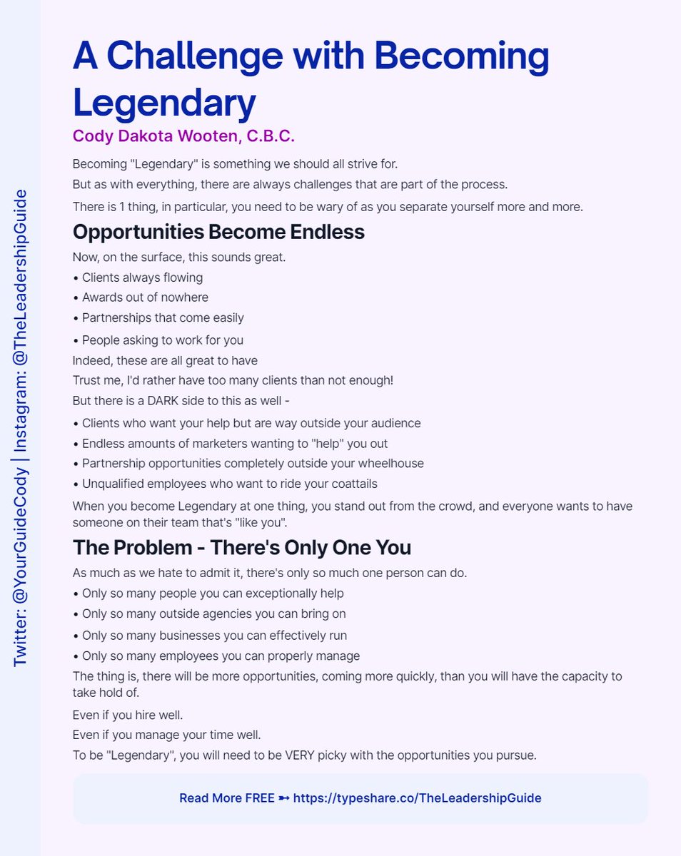YourGuideCody's tweet photo. A Challenge with Becoming Legendary - How will YOU handle it when it comes?
#Opportunity #DarkSide #YouCantHelpEveryone #Leadership #LegendaryLeadership #Challenges #Partnerships #Focus #BePicky https://t.co/KX6K22PlLH