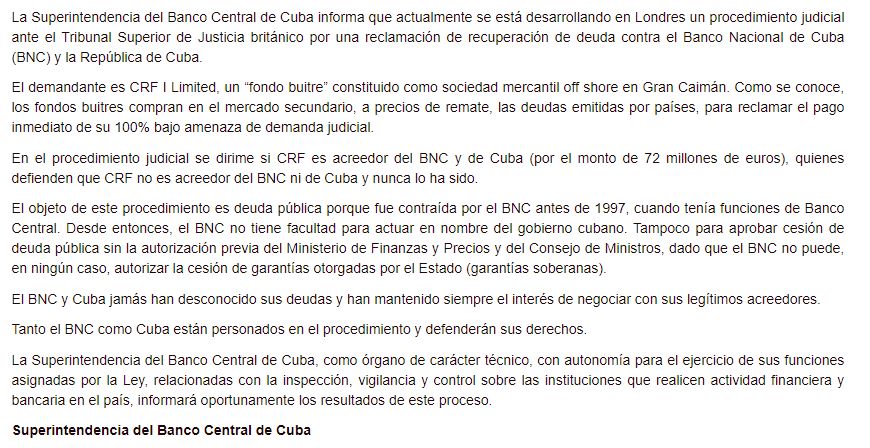 MagJorgeCastro's tweet photo. ⚠️⚠️#Urgente. El Banco Nacional y el gobierno cubano se pronuncian sobre el proceso judicial en Londres... la demanda por impago de 72 millones se desarrolla en Inglaterra contra el BNC y la República de Cuba... todos atentos a esto👇🏻 https://t.co/PuTo5wqmn9