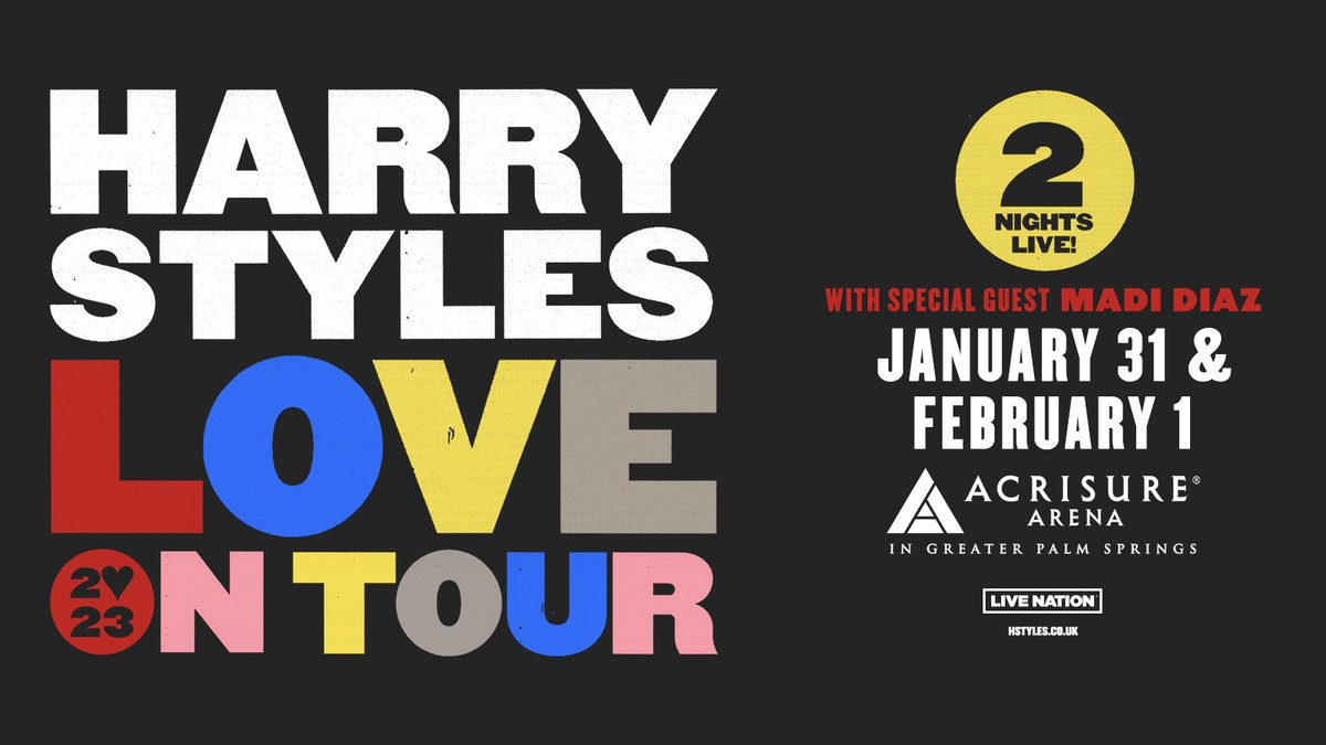 JUST ANNOUNCED | @Harrystyles is closing out his #LoveOnTour at Acrisure Arena in Greater Palm Springs on 1.31 & 2.01 ⭐️ Your ONLY way in is to register NOW thru Monday 12pm for access to tickets through Ticketmaster Verified Fan bit.ly/3X7gl7u 🎟 Onsale Fri Jan. 20