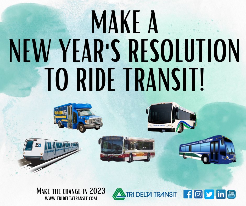TriDeltaTransit's tweet photo. New Year's Resolution #2:  Be Less Stressed

Have this on your list of resolutions? Public transportation can help. Riding transit lets you avoid traffic, dangerous drivers &amp; parking hassles. On the bus or BART, you can just sit back and relax.

#trideltatransit
#ridetransit2023 https://t.co/BuzFRAkwl2
