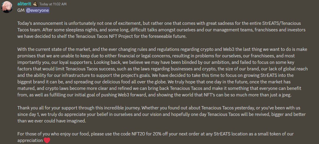 With heavy hearts, we have decided to shelf the Tenacious Tacos NFT Project