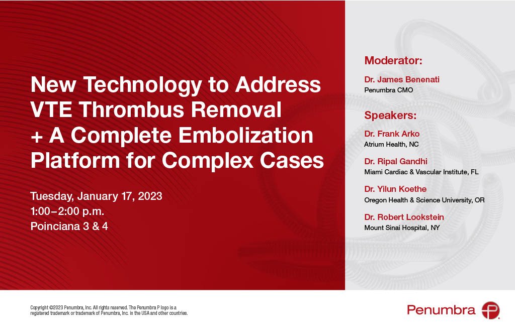 PenVascular's tweet photo. US HCPs: 🗣️ Join Drs. Jim Benenati, @farkomd Ripal Gandhi @DrKoethe and @roblookstein as they discuss #LightningFlash ⚡ and Penumbra’s #Embolization platform at #ISET2023 on Tuesday, Jan. 17th from 1-2pm, Poinciana 3 &amp; 4 #FeelThePower #PackWithPenumbra https://t.co/vO9NnyvsDw