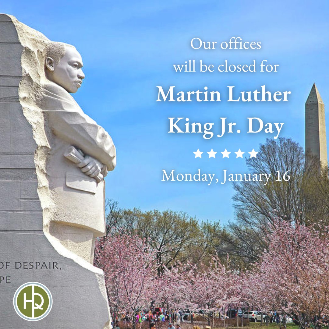 hqlaw's tweet photo. All Hawks Quindel offices will be closed Monday, January 16, in observance of Martin Luther King, Jr. Day. Normal office hours will resume Tuesday, January 17th.
 
#HQLaw https://t.co/1vM9DIf2BY