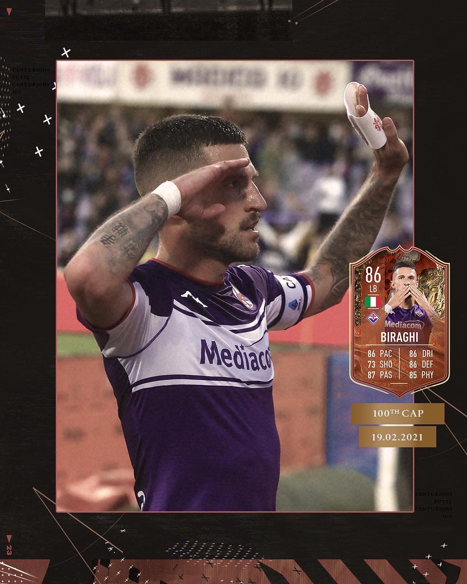 acffiorentina's tweet photo. From his first cap, to his 100th and his last 👏  Biraghi is a part of Centurions in #FIFA23 💯  @EASPORTSFIFA @EA_FIFA_Italia https://t.co/AvwEXH9HoI