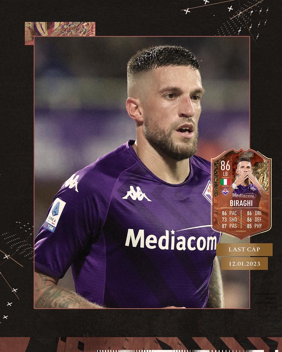 acffiorentina's tweet photo. From his first cap, to his 100th and his last 👏  Biraghi is a part of Centurions in #FIFA23 💯  @EASPORTSFIFA @EA_FIFA_Italia https://t.co/AvwEXH9HoI
