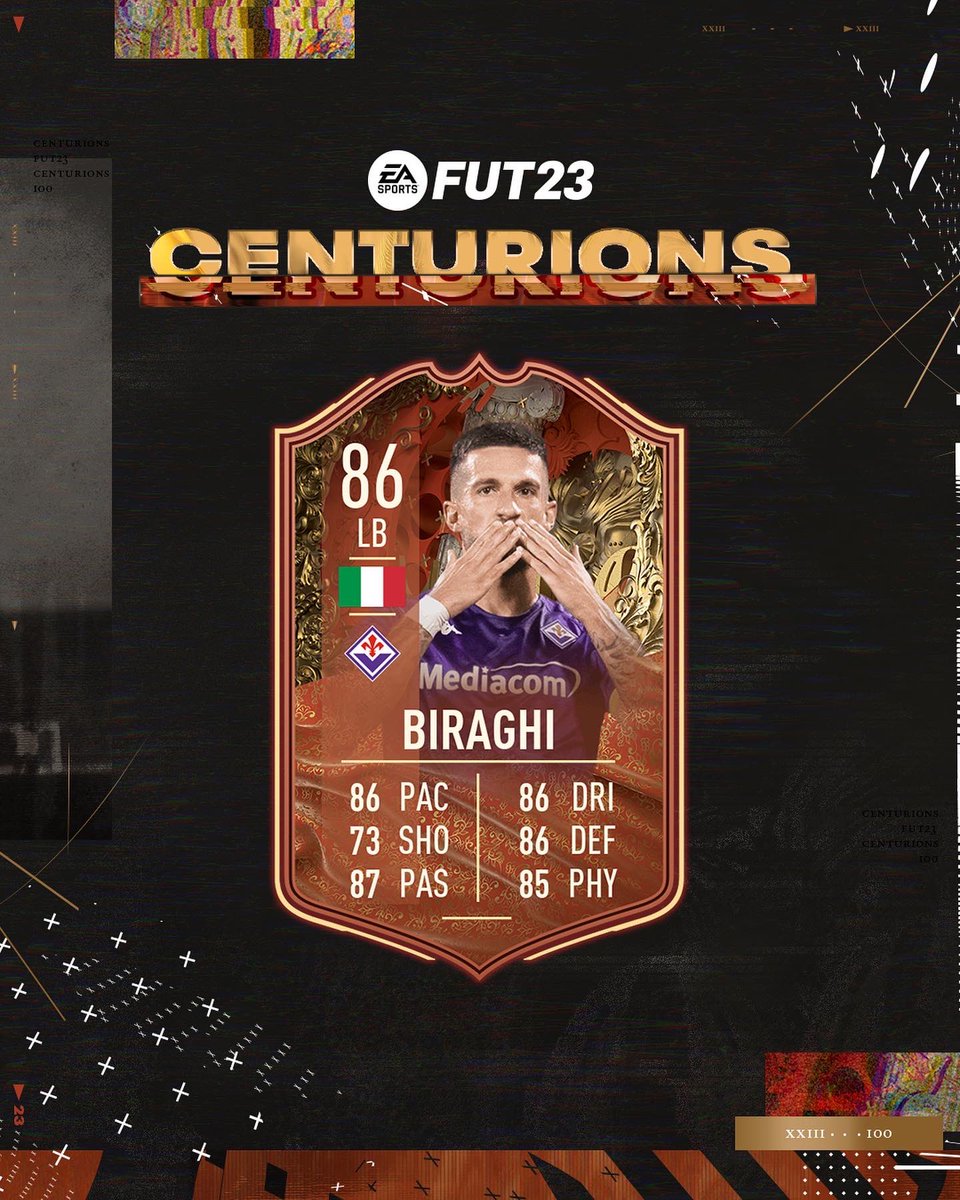 acffiorentina's tweet photo. From his first cap, to his 100th and his last 👏  Biraghi is a part of Centurions in #FIFA23 💯  @EASPORTSFIFA @EA_FIFA_Italia https://t.co/AvwEXH9HoI