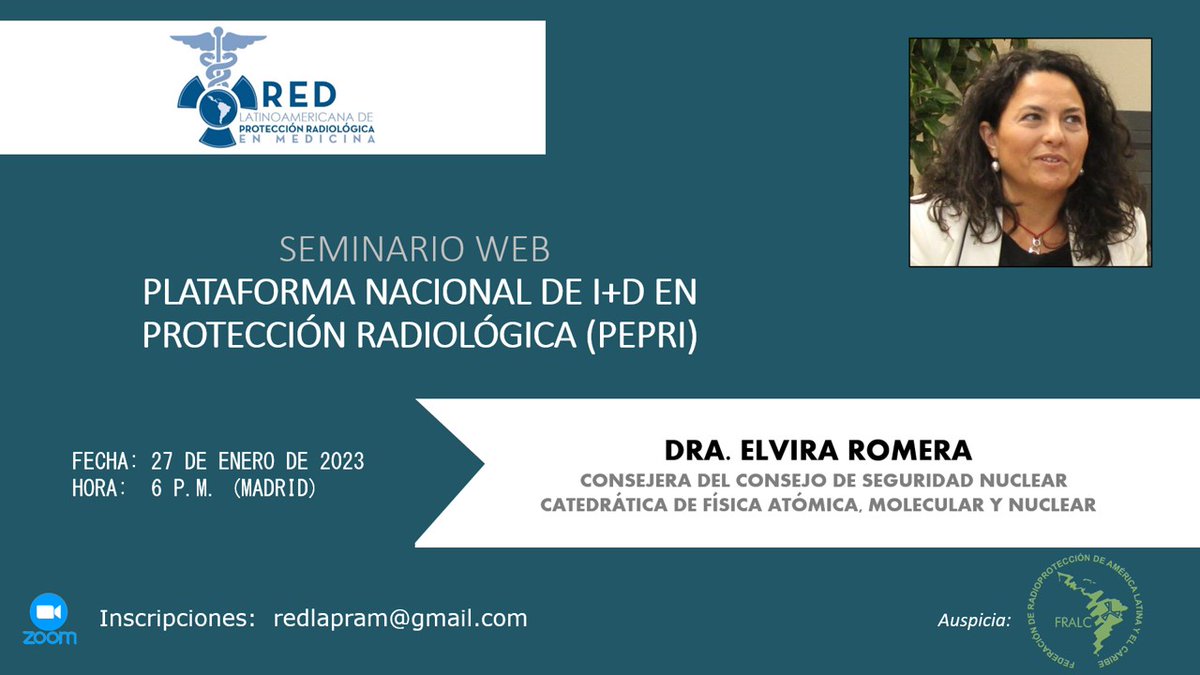 El próximo día 27 de enero, a las 18:00 horas, se celebrará el seminario web organizado por la Red LAPRAM:
"Plataforma Nacional de I+D en Protección Radiológica (PEPRI)" presentado por Elvira Romera, consejera del CSN y presidenta de PEPRI.
facebook.com/redlapram/