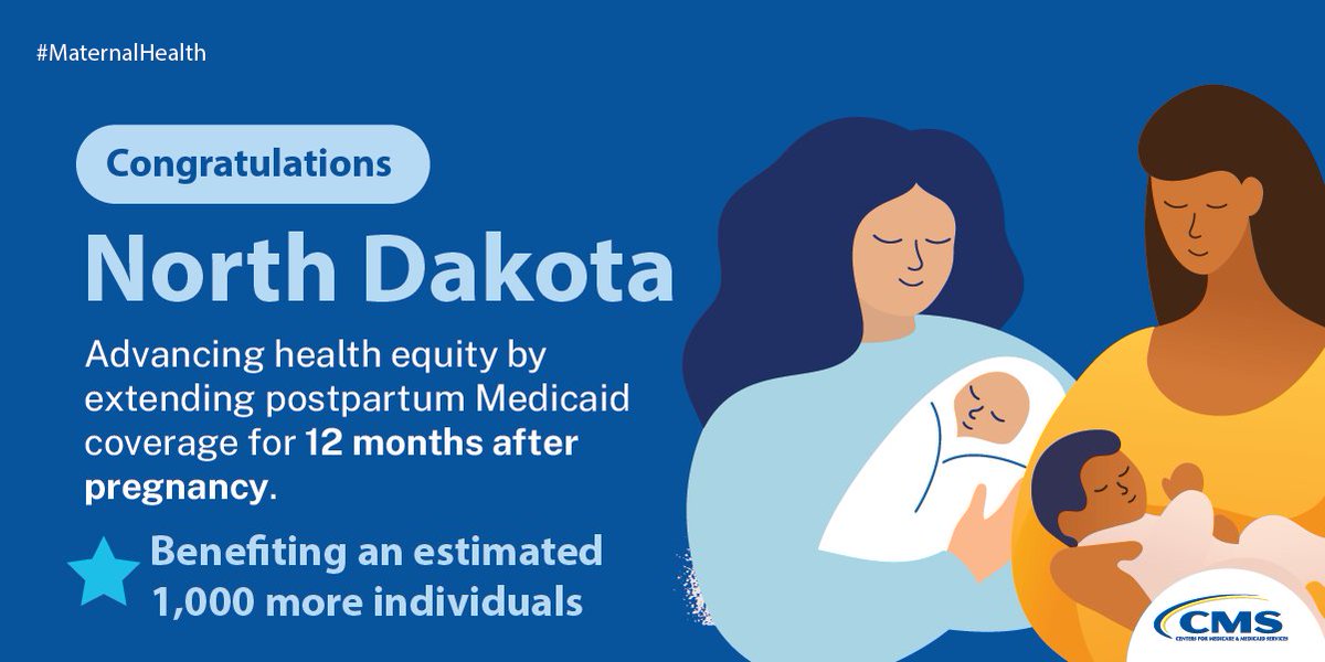 Today <a href="/CMSGov/">CMSGov</a> approved a postpartum coverage extension state plan amendment for North Dakota. As a result, individuals with #Medicaid will be eligible for 12 months of postpartum coverage. medicaid.gov/medicaid/spa/d…
#MaternalHealth