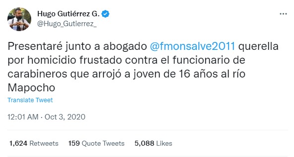 Caso Pío Nono: Peritaje concluye que carabinero NO empujó a joven al Mapocho. 

No los vemos tuiteando...🧐🧐

<a href="/GabrielBoric/">Gabriel Boric Font</a> 
<a href="/GiorgioJackson/">Giorgio Jackson</a> 
<a href="/KarolCariola/">Karol Cariola Oliva</a> 
<a href="/Hugo_Gutierrez_/">Hugo Gutiérrez</a>