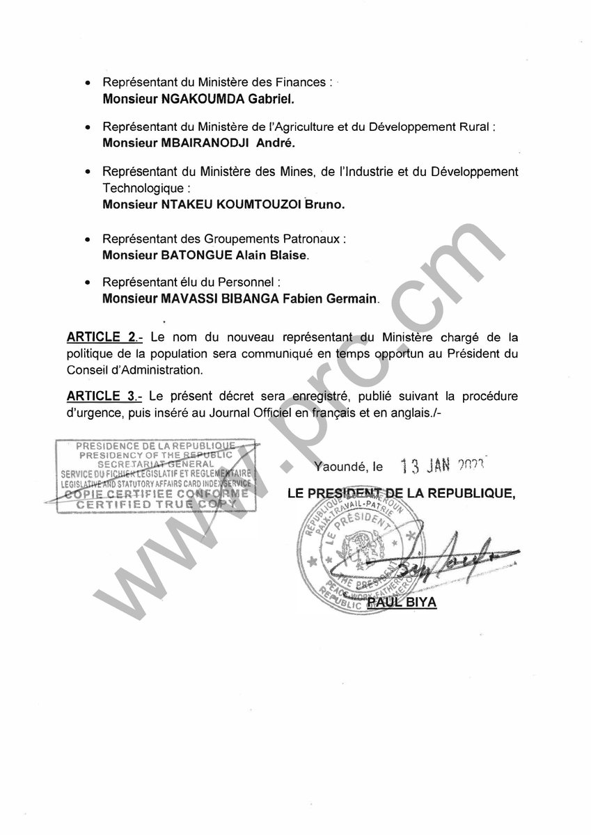 Décret portant nomination des membres du Conseil d’Administration de l’Institut National de la Statistique (INS).
#PaulBiya 
#Cameroun