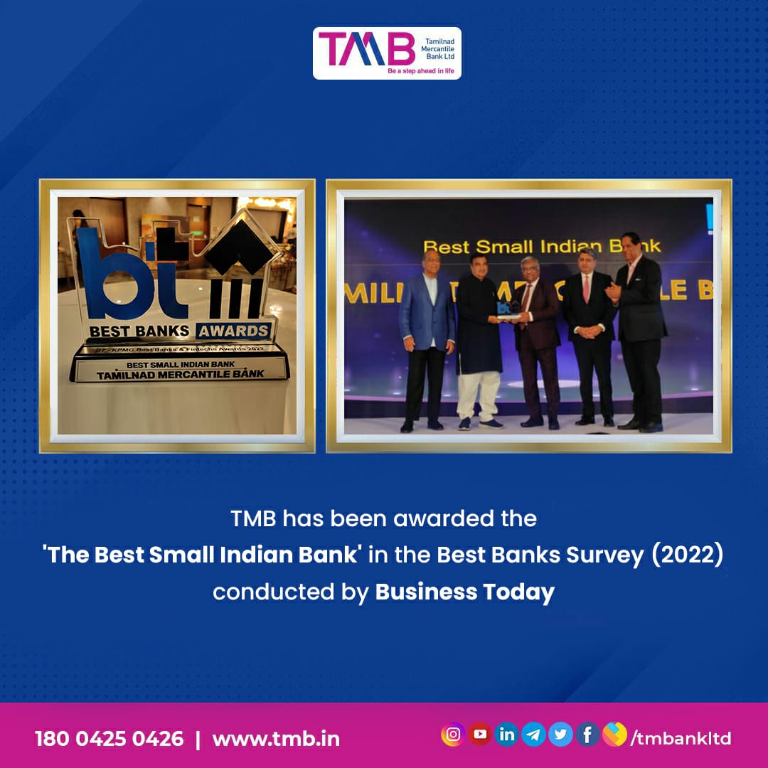 TMBank_Ltd's tweet photo. We are happy to announce that TMB has been awarded as Best Small Indian Bank in the Best Banks Survey (2022) conducted by Business Today. The bank has won this award under the category of banks with the book size of less than Rs. 1 lakh crore. https://t.co/zwT3nzOwHb