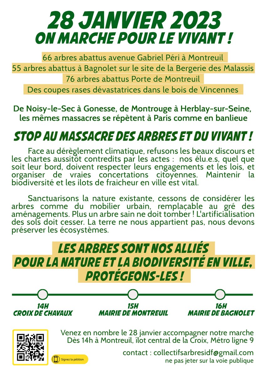 PecheOr's tweet photo. Après le choc des massacres des arbres à Bagnolet et à Montreuil, des dizaines de collectifs s'unissent pour sauver les arbres en IDF. Rejoignez notre marche le 28/01 à 14h (Croix de Chavaux - vers Mairie de Bagnolet)! Ensemble, sauvons les arbres et le vivant en IDF! https://t.co/83ZLx7Ltoj