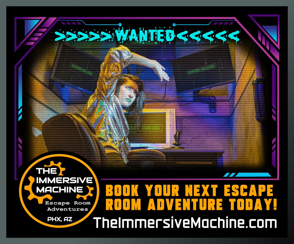 emersivemachine's tweet photo. Wanted!  Weekend warriors, puzzlers, and adventure seekers! Grab your team and help us save the digital universe! The resistance needs you! 

Book now- Sal's Cybernetics
https://t.co/zHRVdLplnf https://t.co/wYSbt35azg