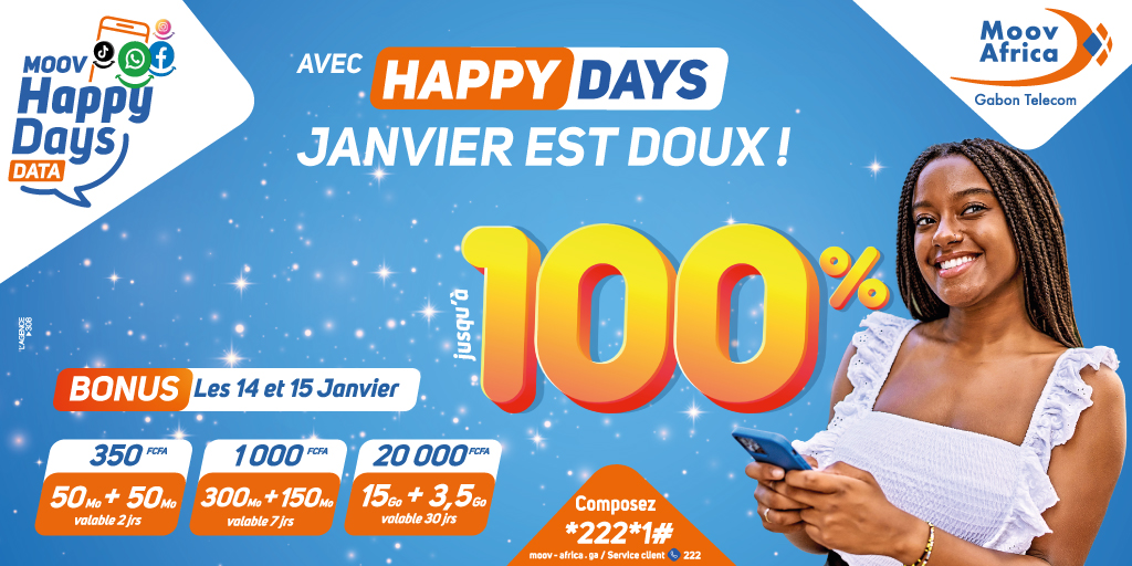 gt_officiel's tweet photo. Un weekend doux en générosité avec la Promo #Happy_Days. Ces samedi 14 et dimanche 15 Janvier, profitez jusqu'à 100% de bonus sur nos forfaits 4G+ et bénéficiez de la même validité que le forfait principale.
Composez *222*1#
#MoovAfricaGT https://t.co/ds0NuWU4SC