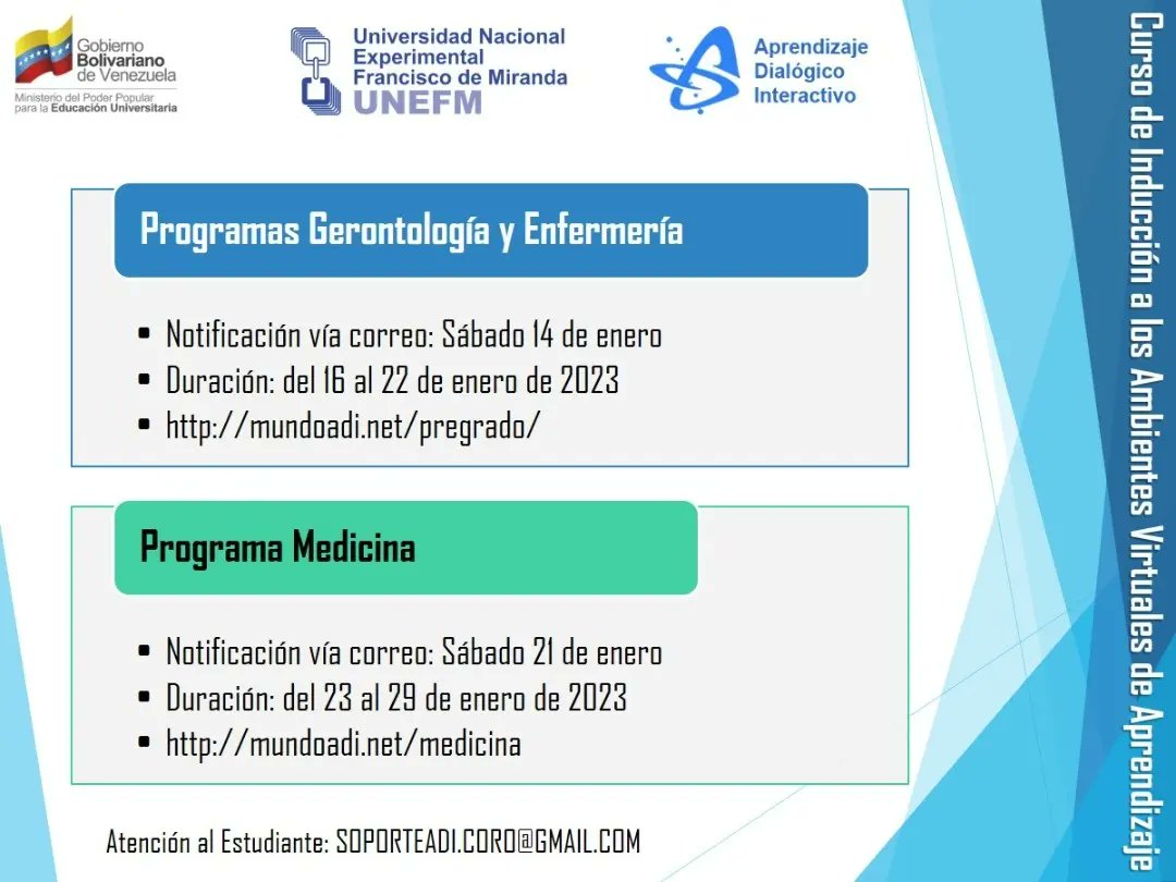 Presentamos el ceonograma del curso de inducción para estudiantes de Gerontología, Enfermería y Medicina.

 Si necesitas ayuda, ponte en contacto con nosotros a través del correo soporteadi.coro@gmail.com