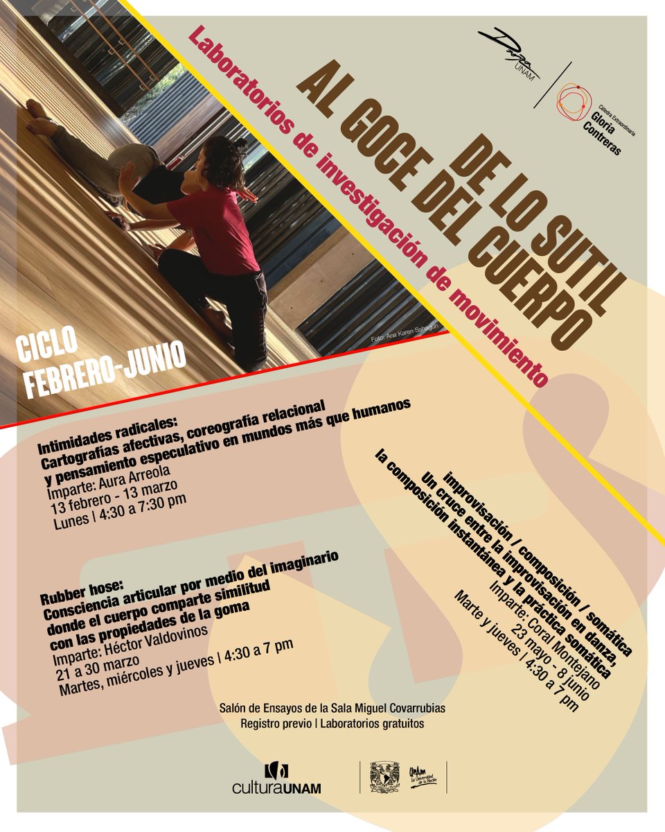 Les invitamos al ciclo "De lo sutil al goce del cuerpo. Laboratorios de investigación de movimiento" con el cual inauguramos las actividades del año 2023 y la nueva identidad visual.

Más información en: bit.ly/3IJonz2