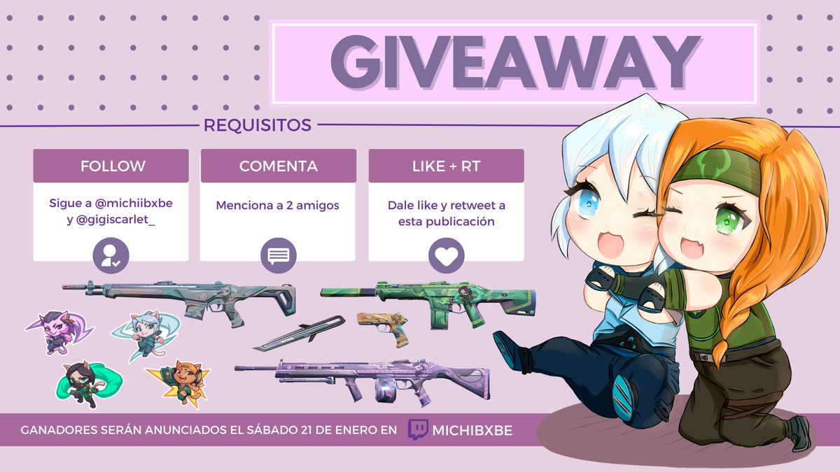 🚨 SORTEO DE 2 PASES DE BATALLA VALORANT 🚨

✅ Seguir a @michiibxbe &amp; @GigiScarlet_
✅ Menciona a 2 amigos🤝 
✅ Like❤️+ RT♻️

El sorteo termina el sábado 21 de Enero, será transmitido en twitch.tv/michibxbe
(ganadores se anunciarán aquí)
#VALORANT #Sorteo #SorteoVALORANT