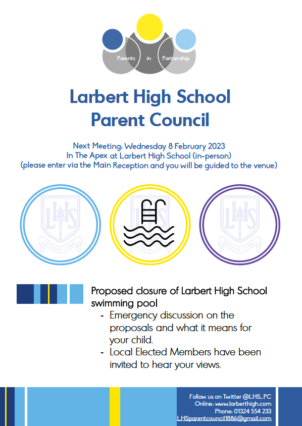 LarbertHigh's tweet image. On behalf of LHS Parent Council: "We really need your support. There is a proposal to close LHS swimming pool.  Please come along to our next meeting."
The next meeting is on Wednesday 8 February at 7.00pm at the school.