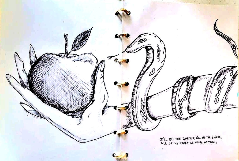 AshErnesto's tweet photo. I'll be the Garden, you be the Snake. 
All of my Fruit is yours to take. 

#BettertheDevilthatYouKnow #Drawing #ink #pen #blackandwhite #LikeitOrNot #Madonna #Confessions #art #artforfreedom #create #illustration #colortheory #image #storyteller #Inspire #universal #handmade https://t.co/OTbWzHr0yy