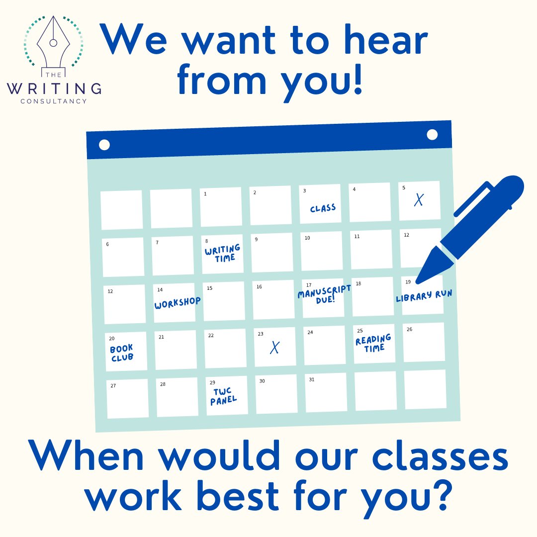 Hello writers! As we plan for our 2023 classes, we want to hear from you! What times would be best for your schedule to take our classes? Click here to take the survey!

docs.google.com/forms/d/e/1FAI…

Taking this survey will also get you a discount on your next class!
