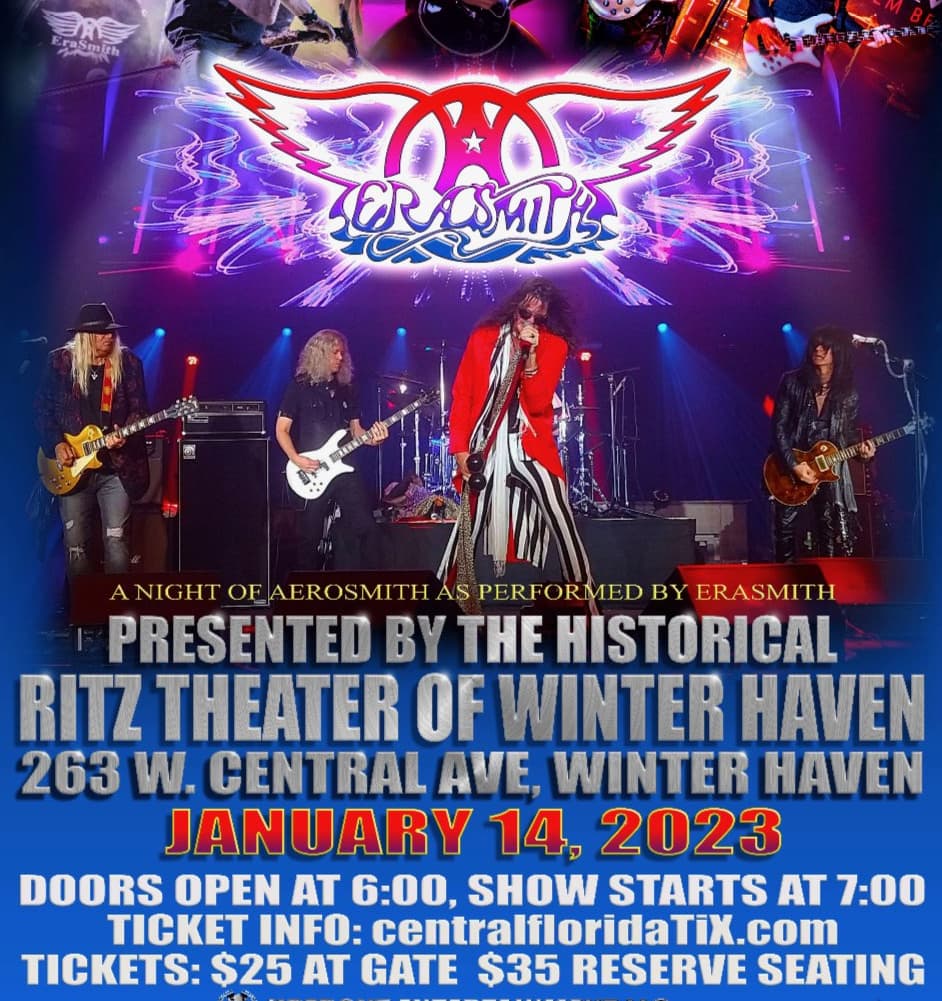 <a href="/EraSmithBand/">ERASMITH Band</a> rocks Ritz Theatre Winterhaven Florida Saturday 7pm 1/14 with a tribute to Aerosmith 

centralfloridatix.com/events/erasmit…

#livemusic #ritztheatrewinterhaven #winterhavenfl #Aerosmith #tribute #tributebands #classicrock #rockconcert #badboysofboston #backinthesaddle