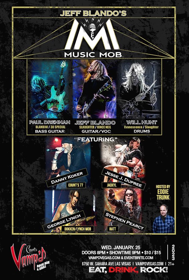 Heads up Vegas! I’ll be hosting this great event 1/25 <a href="/VampdVegas/">VampdVegas</a> . Special guests George Lynch <a href="/StephenEPearcy/">STEPHEN E PEARCY</a> <a href="/jackyljesse/">Jesse James Dupree</a> <a href="/DannyCountKoker/">Danny Count Koker</a> . Don’t miss this killer band featuring Jeff Blando. Get tix now!