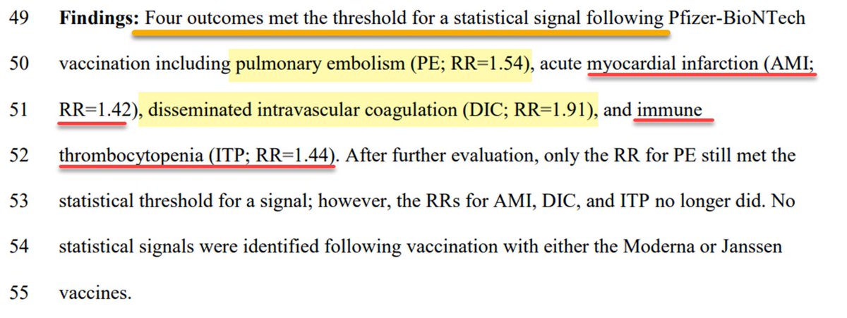 chrismartenson's tweet photo. But don't worry, the FDA "only" found the following increases in these serious AE's:
- a 54% incr for PE 
- a 42% incr for MI
- a 91% incr for DIC 
- a 44% risk incr for ITP. https://t.co/P4tL6SRSjI
