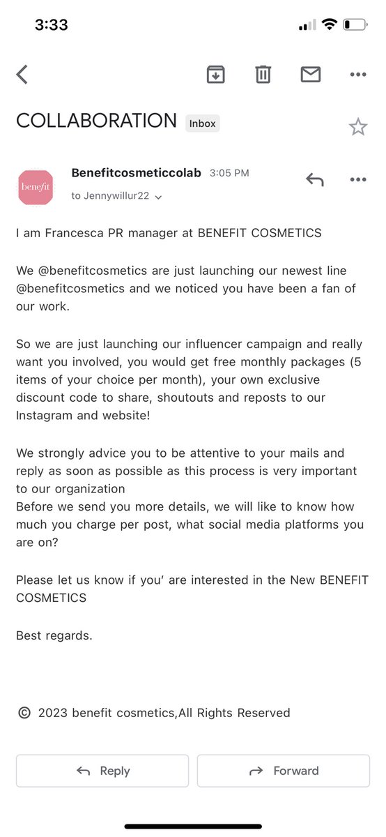 When you’re in #benefitclubpink and this fake email tries to impersonate @BenefitBeauty lol

Please don’t fall for this scam!

benefitcosmeticcolab@gmail.com <- fake email be aware!