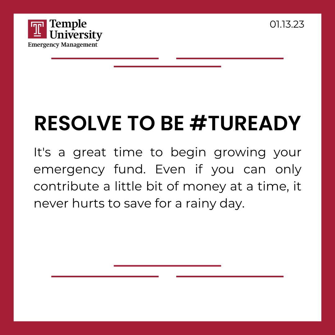 TempleUOEM's tweet photo. This month is #ResolveToBeReady Month. Make it a goal to start growing your rainy day fund! https://t.co/BKNrnGFbhW