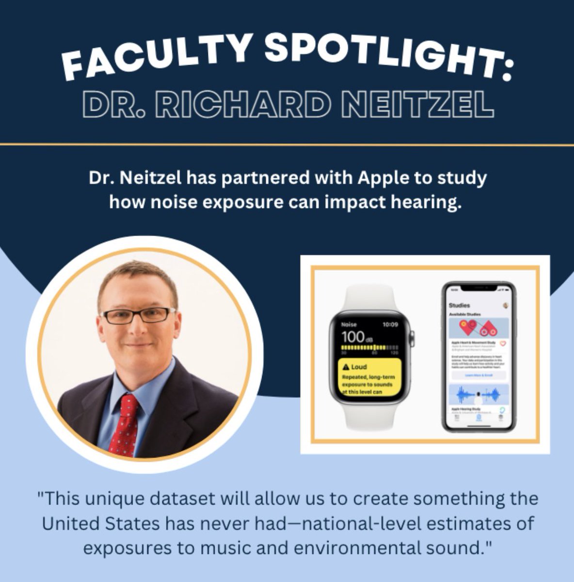 umich_IH's tweet photo. Dr. @RickNeitzel, UM’s ExS-IH program director, was recently awarded funding from @Apple to continue his project investigating the association between noise exposure and hearing impairment! Congratulations! https://t.co/CDwrar8anK