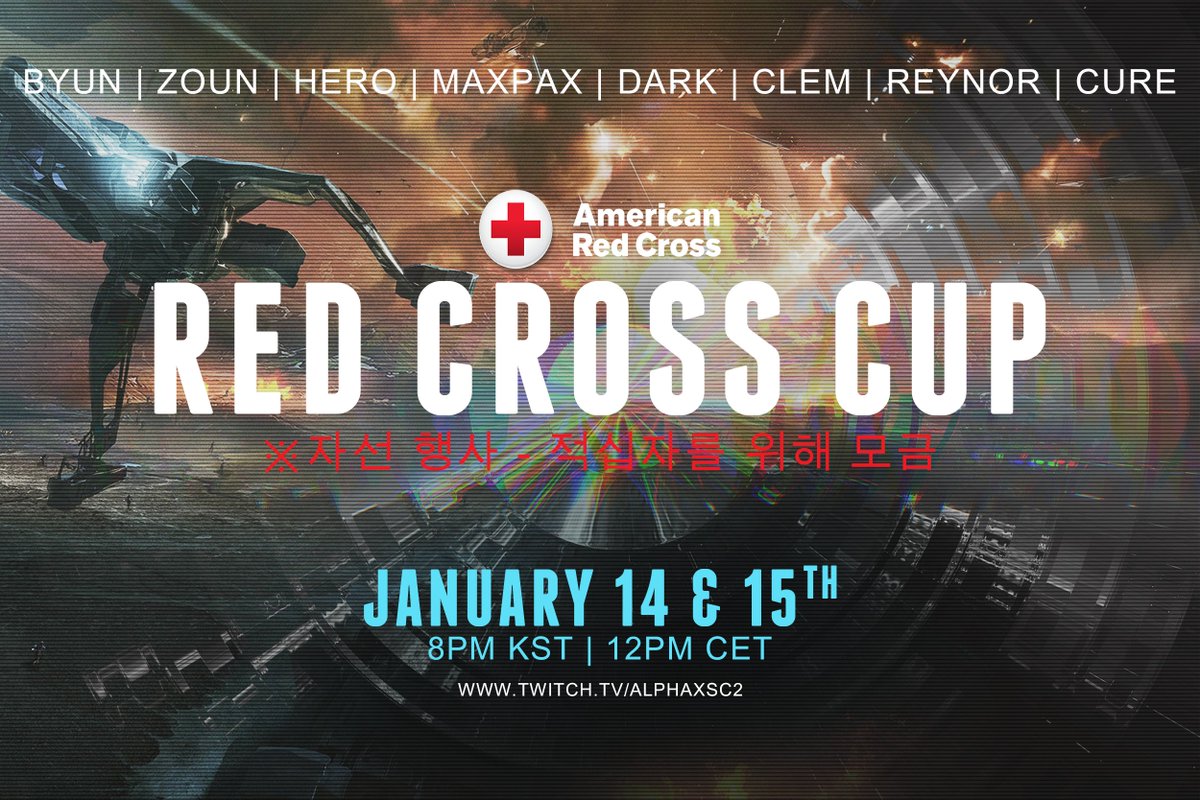 ✨Come join us this weekend at 8pm KST| 12pm CET for a sick @RedCrossGaming tournament where players play for a fixed $1000 prize pool and all other contributions (via matcherino page) go towards Red Cross! 📺twitch.tv/alphaxsc2 📋tl.net/forum/sc2-tour… @matcherino