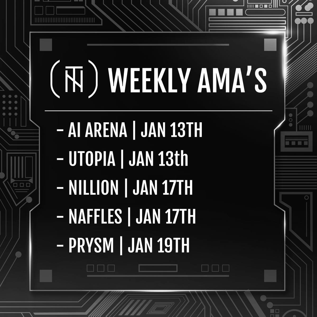 NeoTokyoCode's tweet photo. Upcoming Discord AMA’s in the next week for Neo Tokyo Citizens:
- @aiarena_crypto - Jan 13th
- @UtopiaAvatars - Jan 13th
- @nillion - Jan 17th
- @Nafflesofficial - Jan 17th
- @prysm_xyz - Jan 19th

See you on stage, starting today! https://t.co/Ruskbjj9zB