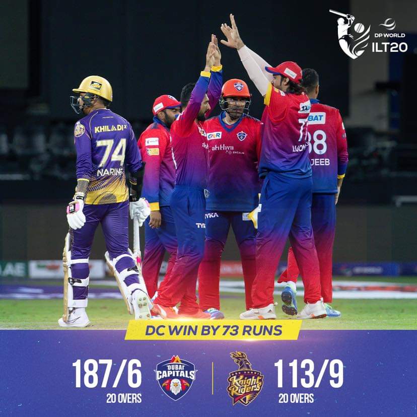 UAEILT20's tweet photo. One for the history books 📖 

Dubai Capitals win the FIRST #DPWorldILT20 GAME 👏🏻 

#ALeagueApart #DCvADKR #ILT20 https://t.co/h1Iy7fOT3R